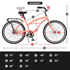 Bici Beach Cruiser Okak da 26 pollici con telaio in acciaio, trasmissione a velocità singola, bici per adulti con pedalata confortevole, bicicletta per uomo e donna, rosa