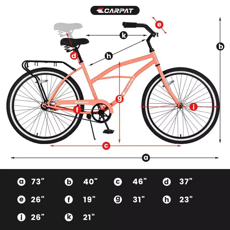 Bici Beach Cruiser Okak da 26 pollici con telaio in acciaio, trasmissione a velocità singola, bici per adulti con pedalata confortevole, bicicletta per uomo e donna, rosa