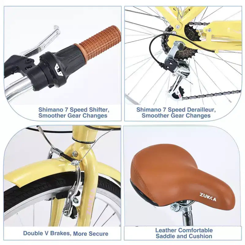 NAYSAYE Vélo de plage Cruiser 24 pouces pour femme, vélo de ville 7 vitesses avec double frein en V, vélo de ville pour adulte femme, homme