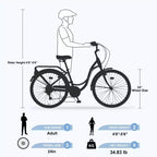 NAYSAYE Vélo de plage Cruiser 24 pouces pour femme, vélo de ville 7 vitesses avec double frein en V, vélo de ville pour adulte femme, homme