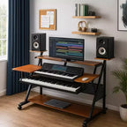 Station de travail de studio de bureau de musique en bois Royal Hampton de 67 pouces, étagères de plateau de clavier, noyer
