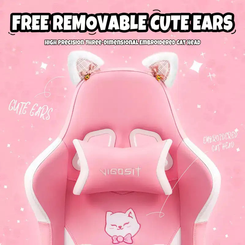 Chaise de jeu pivotante Okak Modern Cute Cat avec coussin lombaire patte, chaise d'ordinateur ergonomique haute pour adultes