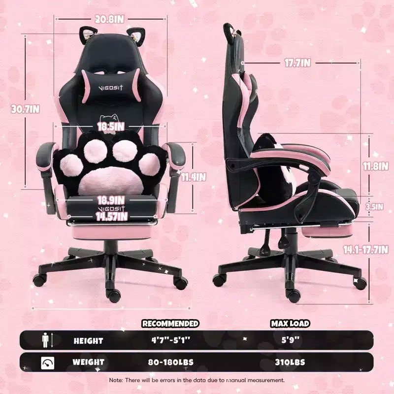 Chaise de jeu pivotante Okak Modern Cute Cat avec coussin lombaire patte, chaise d'ordinateur ergonomique haute pour adultes