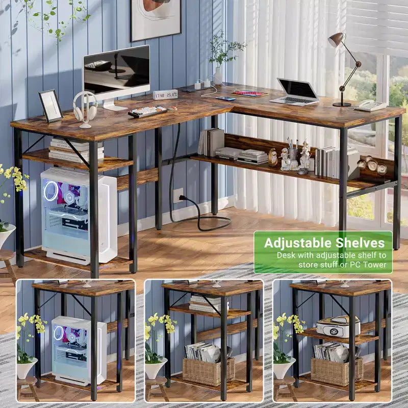 Besiost Scrivania a L da 47 pollici con contenitore, presa di corrente, porte USB, scrivania reversibile
