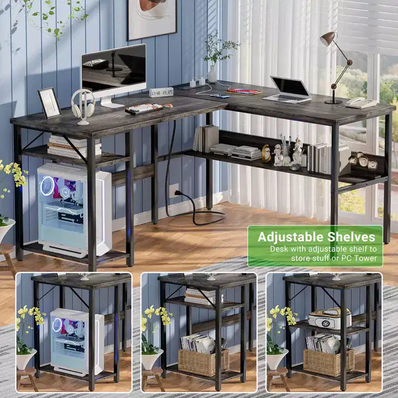 Besiost Scrivania a L da 47 pollici con contenitore, presa di corrente, porte USB, scrivania reversibile