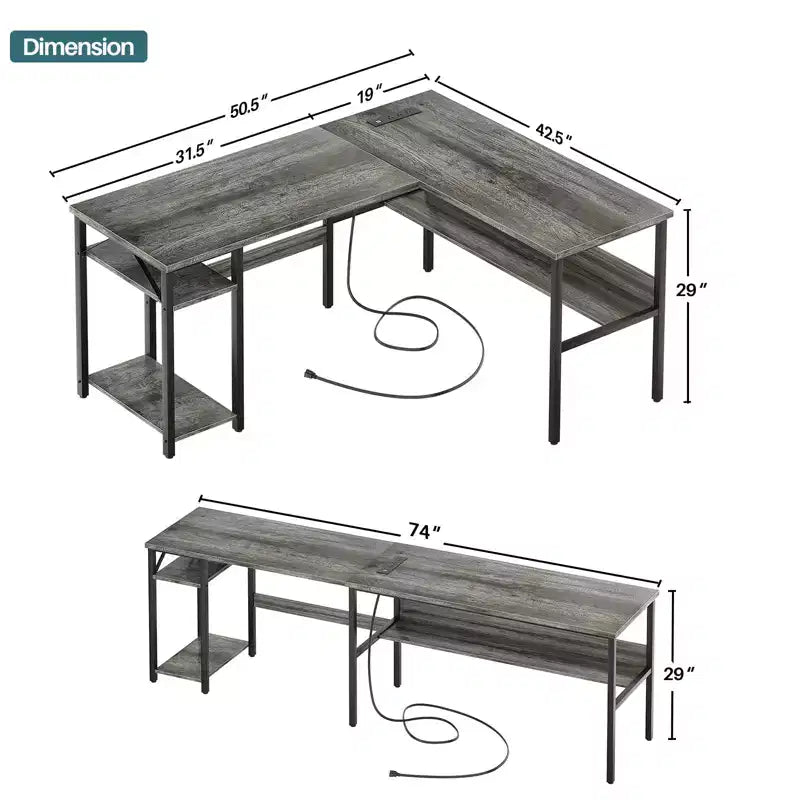 Besiost Scrivania a L da 47 pollici con contenitore, presa di corrente, porte USB, scrivania reversibile