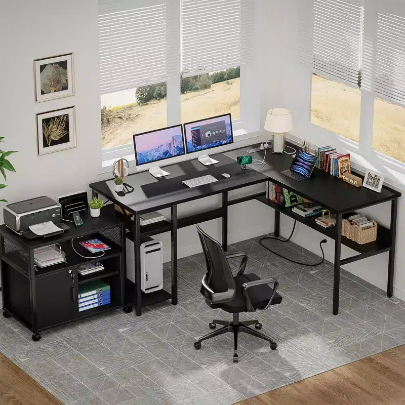 Besiost Scrivania a L da 47 pollici con contenitore, presa di corrente, porte USB, scrivania reversibile
