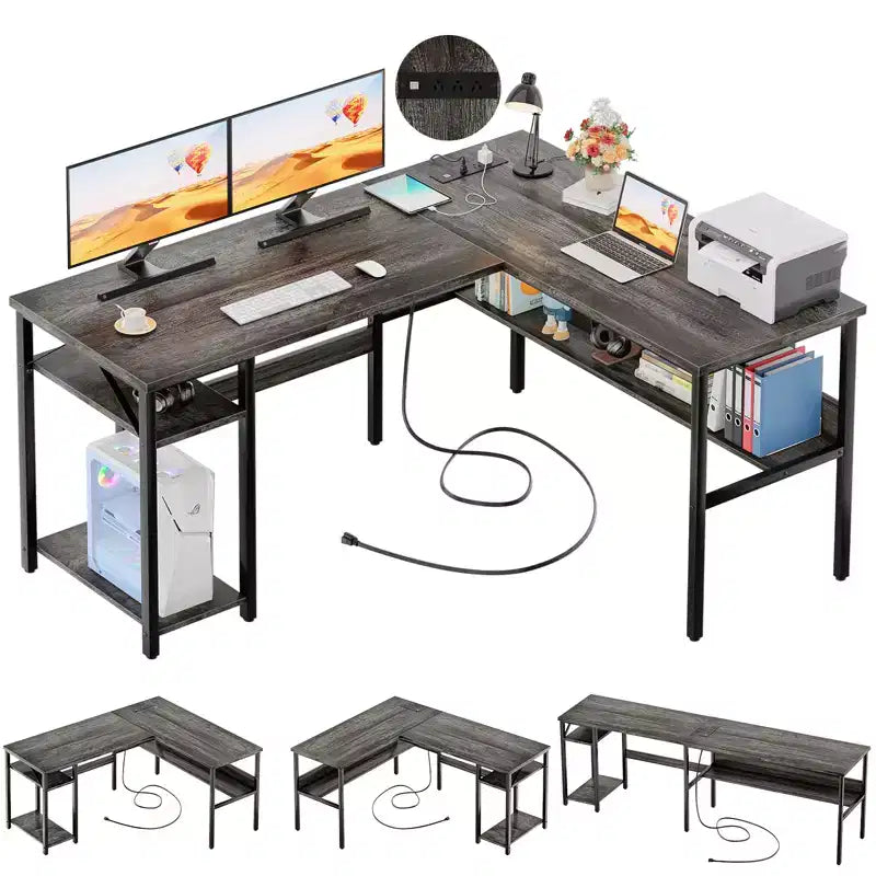 Besiost Scrivania a L da 47 pollici con contenitore, presa di corrente, porte USB, scrivania reversibile