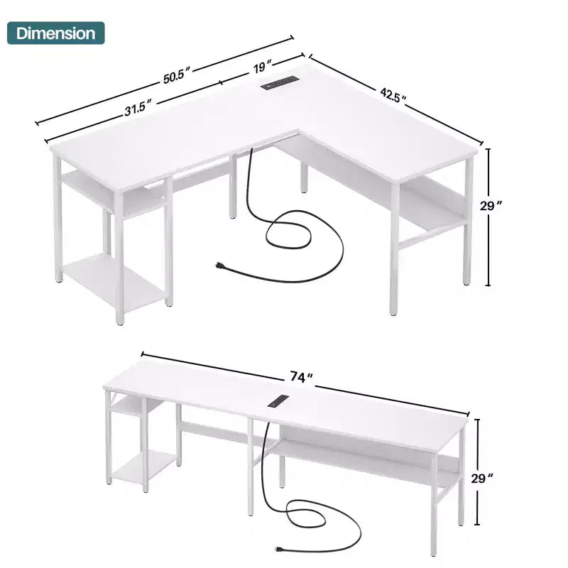 Besiost Scrivania a L da 47 pollici con contenitore, presa di corrente, porte USB, scrivania reversibile