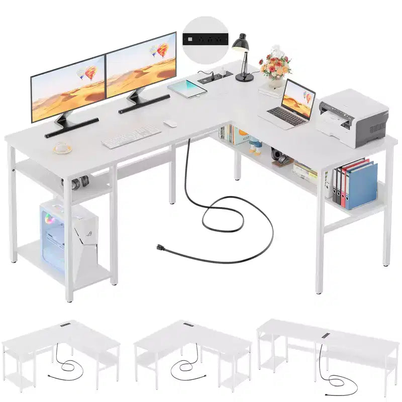 Besiost Scrivania a L da 47 pollici con contenitore, presa di corrente, porte USB, scrivania reversibile