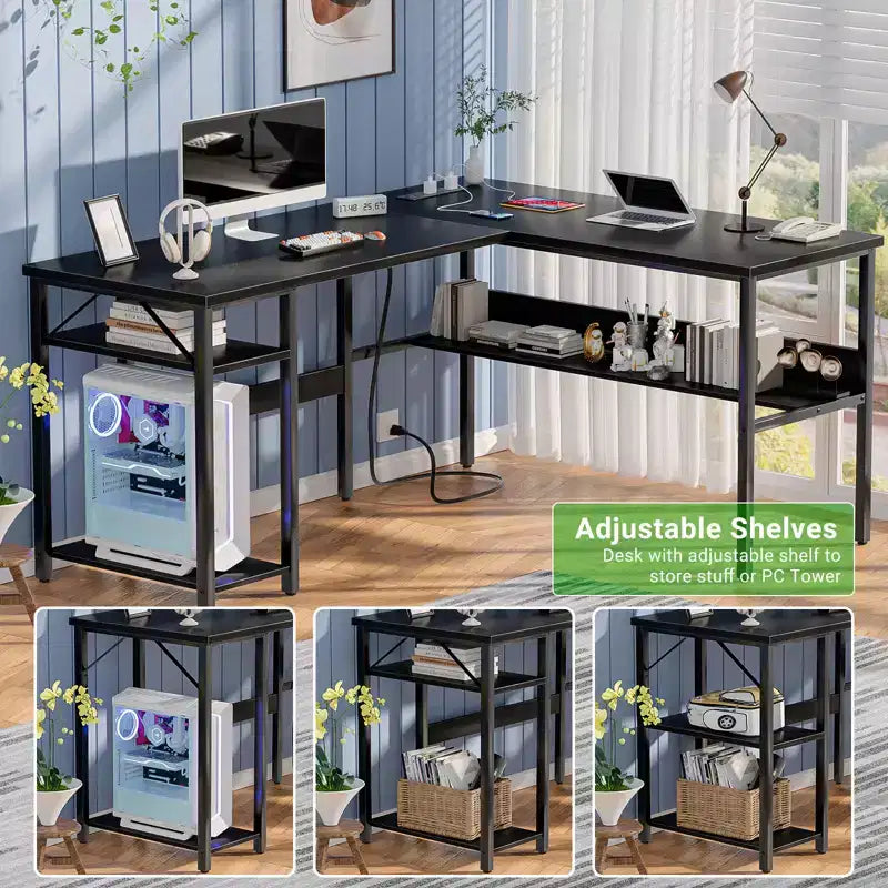 Besiost Scrivania a L da 47 pollici con contenitore, presa di corrente, porte USB, scrivania reversibile