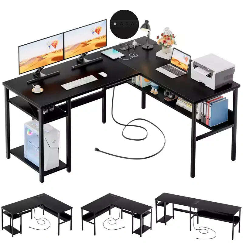 Besiost Scrivania a L da 47 pollici con contenitore, presa di corrente, porte USB, scrivania reversibile