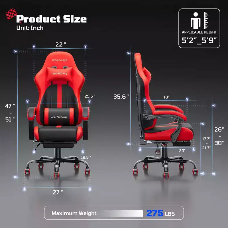 RSPGAME Sedia da Gaming Ergonomica di Base per Adulti, Sedie da Ufficio in Pelle PU con Supporto Lombare Vibrante e Poggiapiedi Retrattile, Sedie per Computer per la Casa