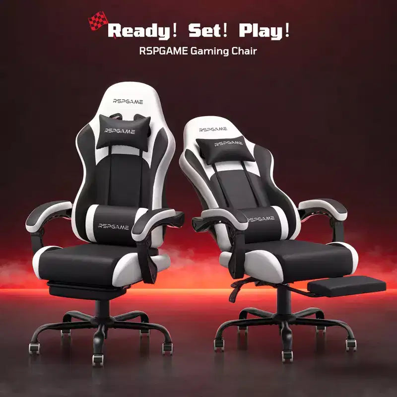 RSPGAME Sedia da Gaming Ergonomica di Base per Adulti, Sedie da Ufficio in Pelle PU con Supporto Lombare Vibrante e Poggiapiedi Retrattile, Sedie per Computer per la Casa