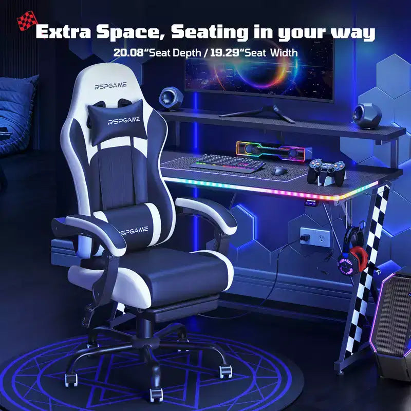 RSPGAME Sedia da Gaming Ergonomica di Base per Adulti, Sedie da Ufficio in Pelle PU con Supporto Lombare Vibrante e Poggiapiedi Retrattile, Sedie per Computer per la Casa