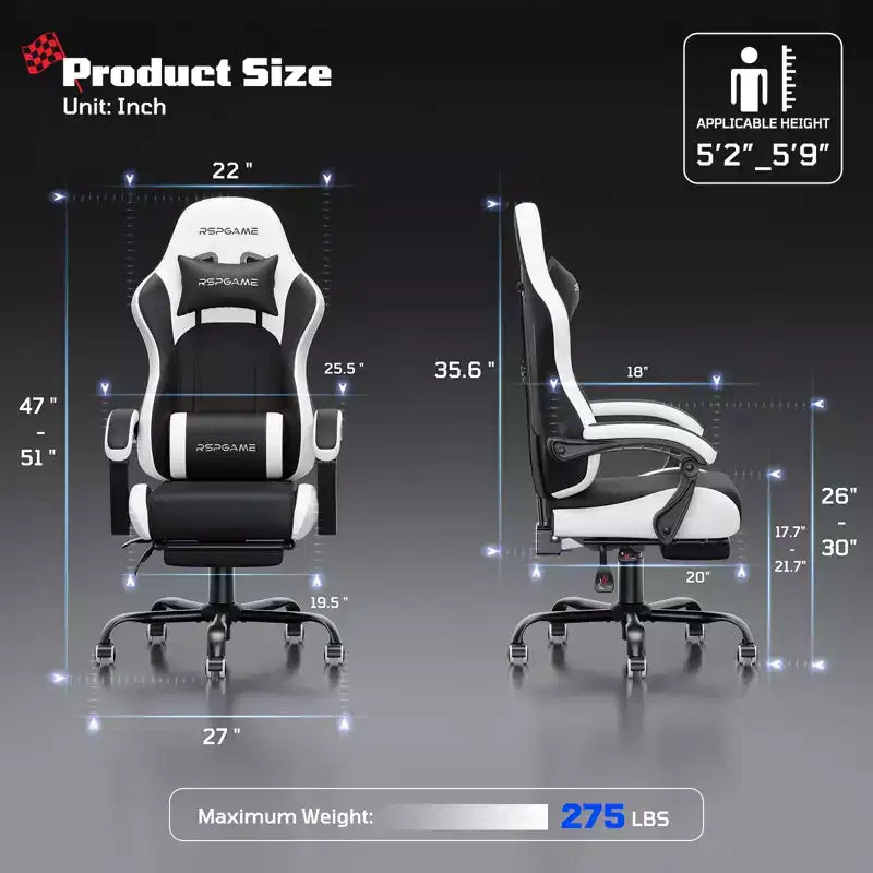 RSPGAME Sedia da Gaming Ergonomica di Base per Adulti, Sedie da Ufficio in Pelle PU con Supporto Lombare Vibrante e Poggiapiedi Retrattile, Sedie per Computer per la Casa