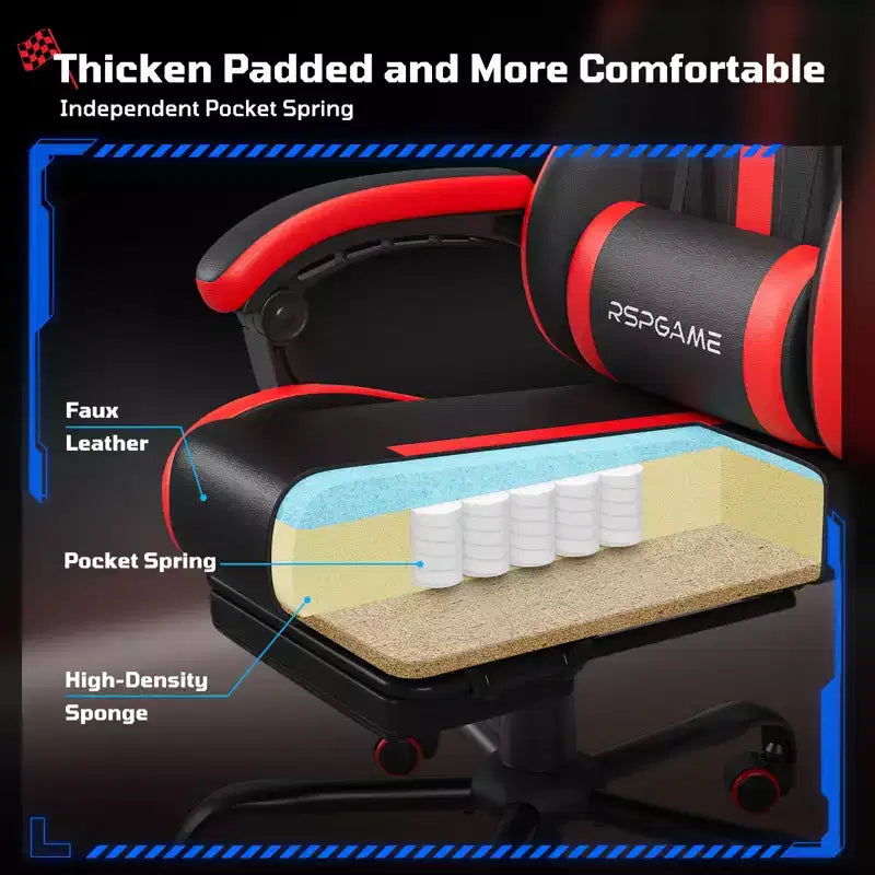 RSPGAME Sedia da Gaming Ergonomica di Base per Adulti, Sedie da Ufficio in Pelle PU con Supporto Lombare Vibrante e Poggiapiedi Retrattile, Sedie per Computer per la Casa
