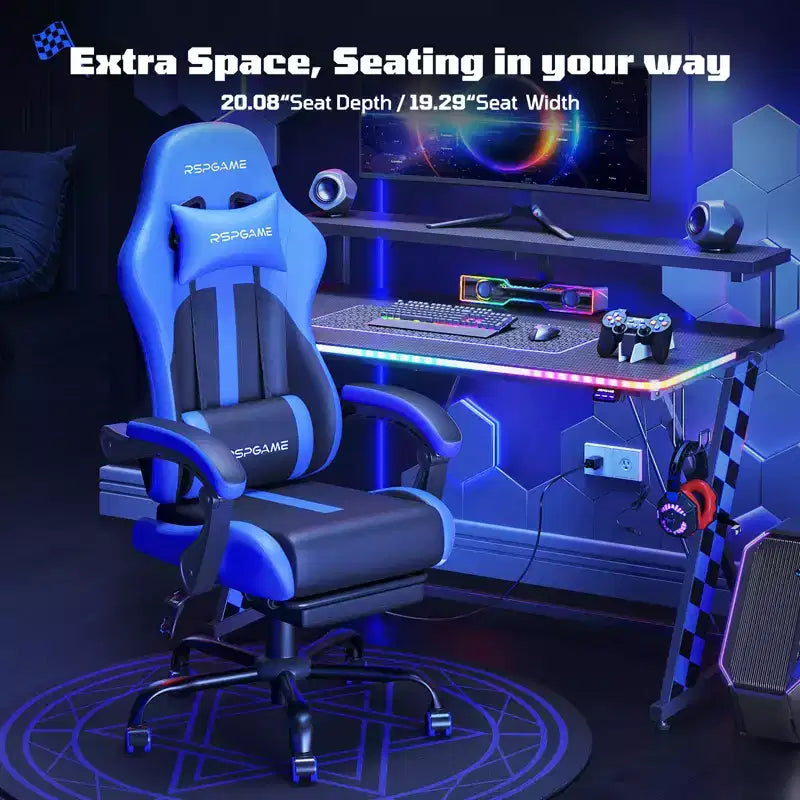 RSPGAME Sedie da Gaming Ergonomiche di Base per Adulti, Sedie da Ufficio in Pelle PU con Supporto Lombare, Cuscino a Molle Insacchettate e Poggiapiedi Retraibile