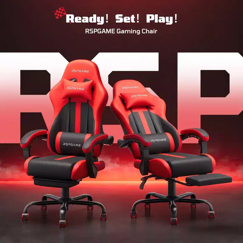 RSPGAME Sedie da Gaming Ergonomiche di Base per Adulti, Sedie da Ufficio in Pelle PU con Supporto Lombare, Cuscino a Molle Insacchettate e Poggiapiedi Retraibile