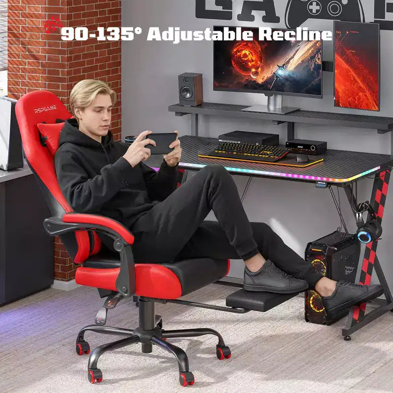 RSPGAME Sedie da Gaming Ergonomiche di Base per Adulti, Sedie da Ufficio in Pelle PU con Supporto Lombare, Cuscino a Molle Insacchettate e Poggiapiedi Retraibile