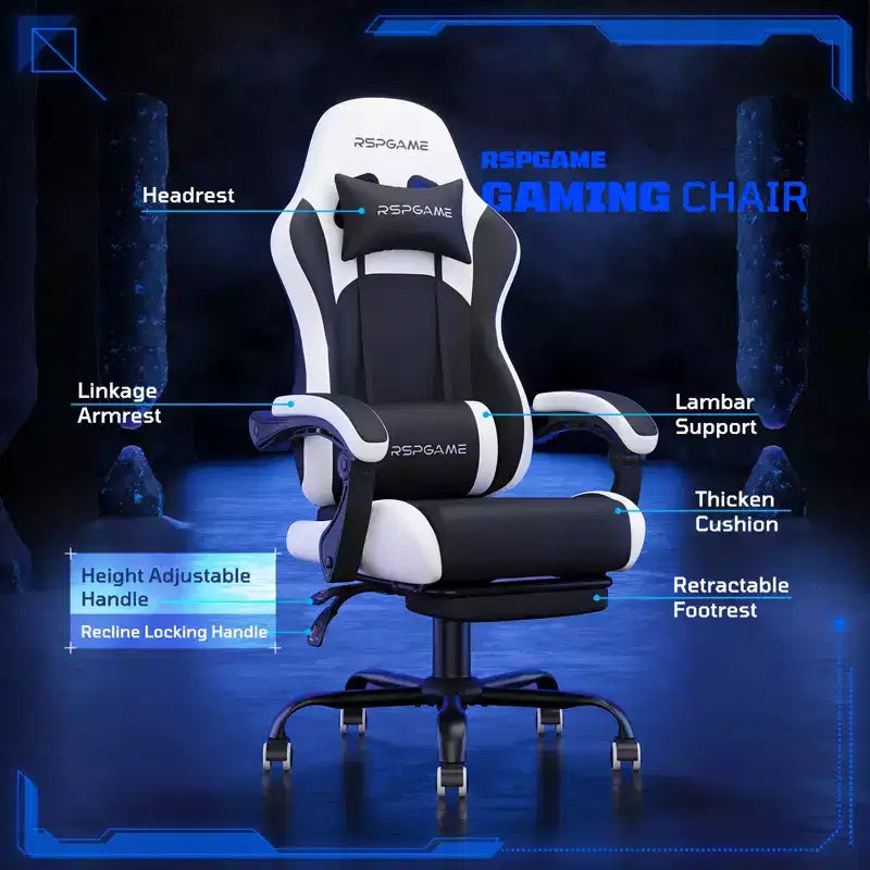 RSPGAME Sedie da Gaming Ergonomiche di Base per Adulti, Sedie da Ufficio in Pelle PU con Supporto Lombare, Cuscino a Molle Insacchettate e Poggiapiedi Retraibile
