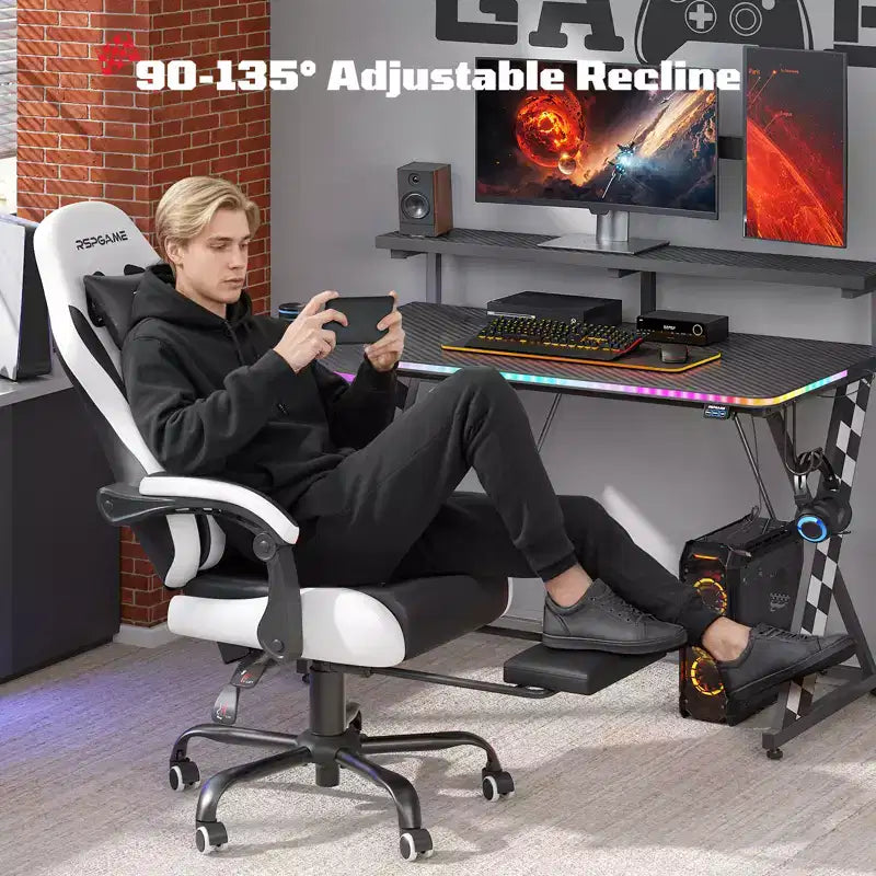 RSPGAME Sedie da Gaming Ergonomiche di Base per Adulti, Sedie da Ufficio in Pelle PU con Supporto Lombare, Cuscino a Molle Insacchettate e Poggiapiedi Retraibile