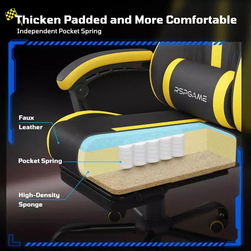 RSPGAME Sedie da Gaming Ergonomiche di Base per Adulti, Sedie da Ufficio in Pelle PU con Supporto Lombare, Cuscino a Molle Insacchettate e Poggiapiedi Retraibile