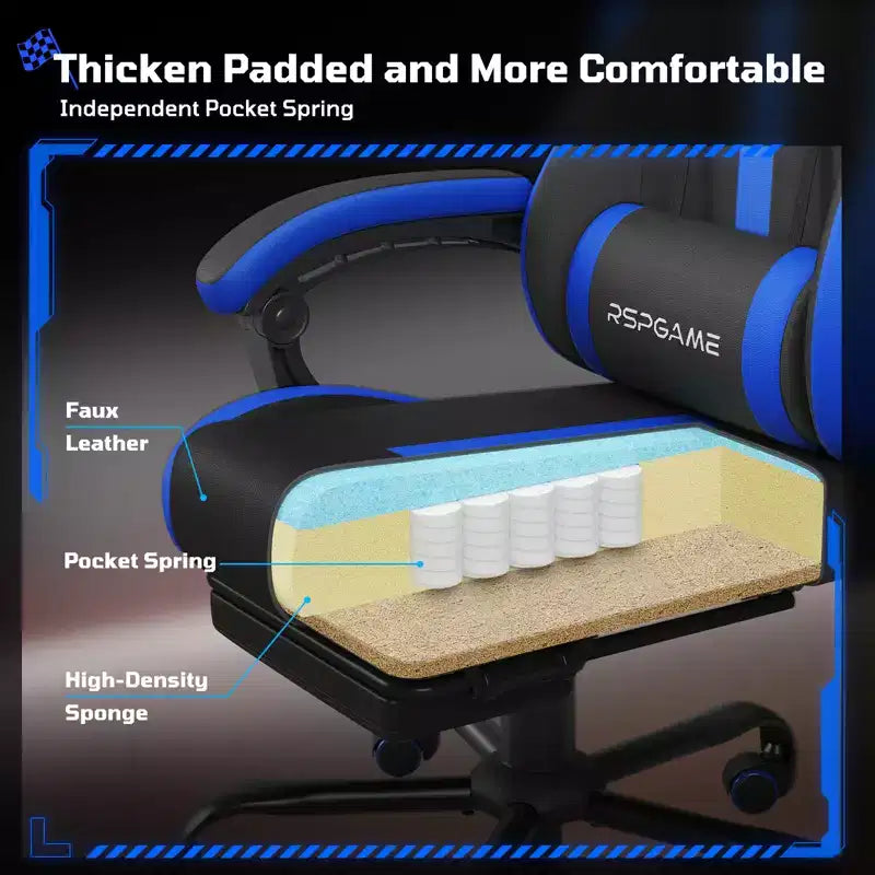 RSPGAME Sedie da Gaming Ergonomiche di Base per Adulti, Sedie da Ufficio in Pelle PU con Supporto Lombare, Cuscino a Molle Insacchettate e Poggiapiedi Retraibile