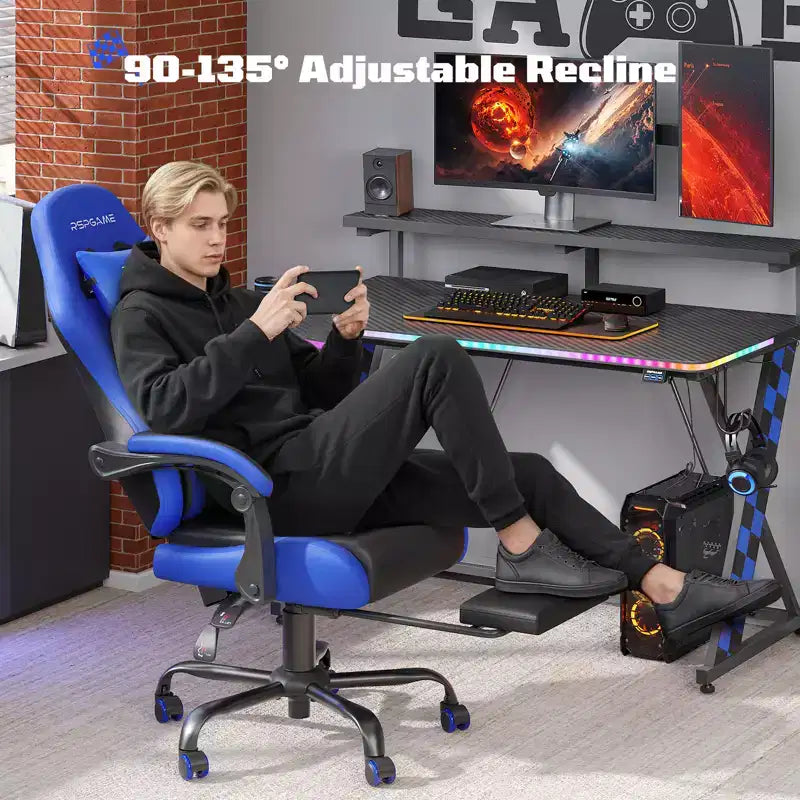RSPGAME Sedie da Gaming Ergonomiche di Base per Adulti, Sedie da Ufficio in Pelle PU con Supporto Lombare, Cuscino a Molle Insacchettate e Poggiapiedi Retraibile
