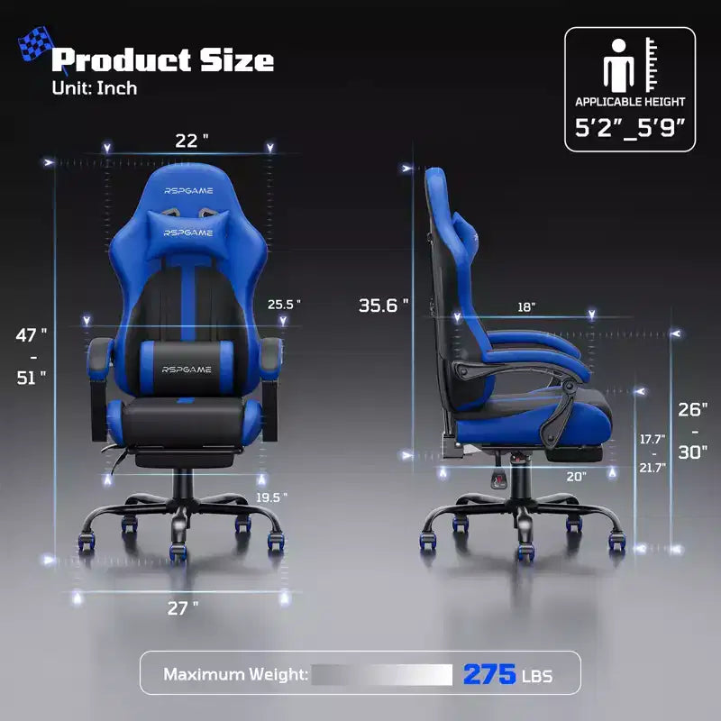 RSPGAME Sedie da Gaming Ergonomiche di Base per Adulti, Sedie da Ufficio in Pelle PU con Supporto Lombare, Cuscino a Molle Insacchettate e Poggiapiedi Retraibile