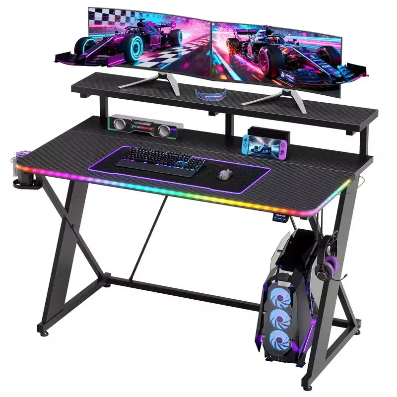 RSPGAME Basic 43 Bureau de jeu lumineux synchronisé avec la musique, support de moniteur ergonomique en forme de X, table de joueur, bureau d'ordinateur avec porte-gobelet et support de casque
