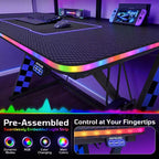 RSPGAME Basic 43 Bureau de jeu lumineux synchronisé avec la musique, support de moniteur ergonomique en forme de X, table de joueur, bureau d'ordinateur avec porte-gobelet et support de casque