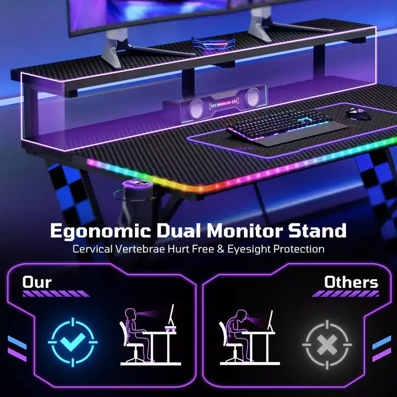 RSPGAME Basic 43 Bureau de jeu lumineux synchronisé avec la musique, support de moniteur ergonomique en forme de X, table de joueur, bureau d'ordinateur avec porte-gobelet et support de casque