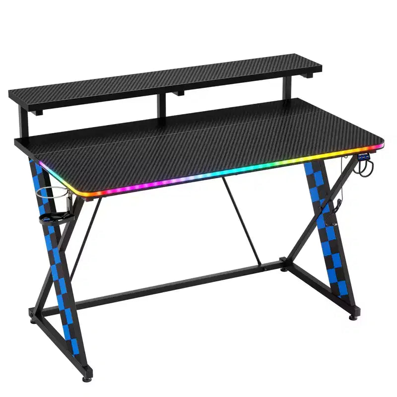 RSPGAME Basic 43 Bureau de jeu lumineux synchronisé avec la musique, support de moniteur ergonomique en forme de X, table de joueur, bureau d'ordinateur avec porte-gobelet et support de casque