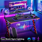 RSPGAME Basic 43 Bureau de jeu lumineux synchronisé avec la musique, support de moniteur ergonomique en forme de X, table de joueur, bureau d'ordinateur avec porte-gobelet et support de casque