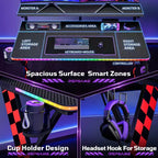RSPGAME Basic 43 Bureau de jeu lumineux synchronisé avec la musique, support de moniteur ergonomique en forme de X, table de joueur, bureau d'ordinateur avec porte-gobelet et support de casque
