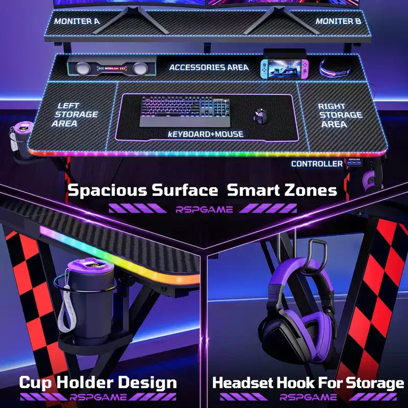RSPGAME Basic 43 Bureau de jeu lumineux synchronisé avec la musique, support de moniteur ergonomique en forme de X, table de joueur, bureau d'ordinateur avec porte-gobelet et support de casque
