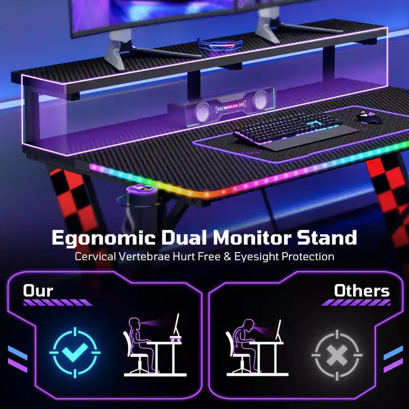 RSPGAME Basic 43 Bureau de jeu lumineux synchronisé avec la musique, support de moniteur ergonomique en forme de X, table de joueur, bureau d'ordinateur avec porte-gobelet et support de casque