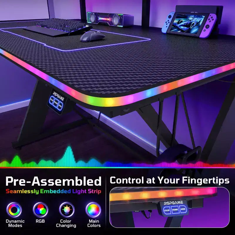 RSPGAME Basic 43 Bureau de jeu lumineux synchronisé avec la musique, support de moniteur ergonomique en forme de X, table de joueur, bureau d'ordinateur avec porte-gobelet et support de casque