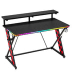 RSPGAME Basic 43 Bureau de jeu lumineux synchronisé avec la musique, support de moniteur ergonomique en forme de X, table de joueur, bureau d'ordinateur avec porte-gobelet et support de casque