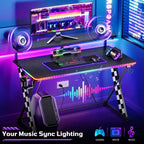 RSPGAME Basic 43 Bureau de jeu lumineux synchronisé avec la musique, support de moniteur ergonomique en forme de X, table de joueur, bureau d'ordinateur avec porte-gobelet et support de casque