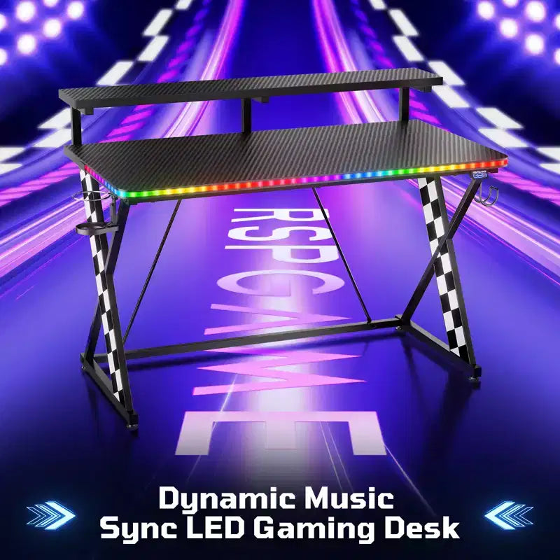 RSPGAME Basic 43 Bureau de jeu lumineux synchronisé avec la musique, support de moniteur ergonomique en forme de X, table de joueur, bureau d'ordinateur avec porte-gobelet et support de casque