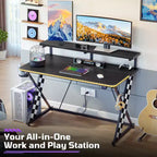 RSPGAME Basic 43 Bureau de jeu lumineux synchronisé avec la musique, support de moniteur ergonomique en forme de X, table de joueur, bureau d'ordinateur avec porte-gobelet et support de casque