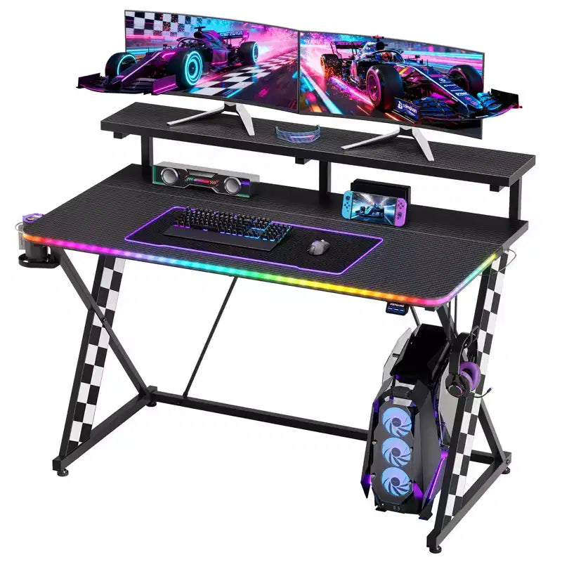 RSPGAME Basic 43 Bureau de jeu lumineux synchronisé avec la musique, support de moniteur ergonomique en forme de X, table de joueur, bureau d'ordinateur avec porte-gobelet et support de casque