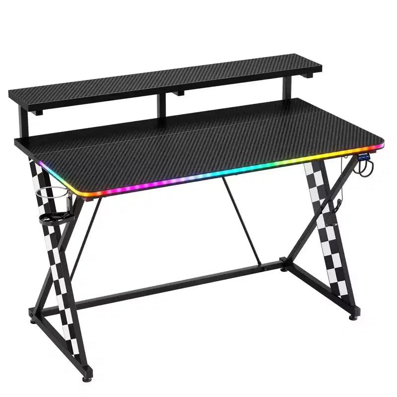 RSPGAME Basic 43 Bureau de jeu lumineux synchronisé avec la musique, support de moniteur ergonomique en forme de X, table de joueur, bureau d'ordinateur avec porte-gobelet et support de casque