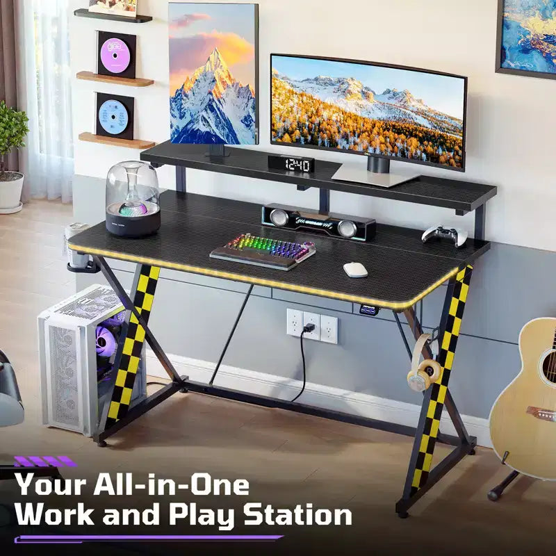 RSPGAME Basic 43 Bureau de jeu lumineux synchronisé avec la musique, support de moniteur ergonomique en forme de X, table de joueur, bureau d'ordinateur avec porte-gobelet et support de casque