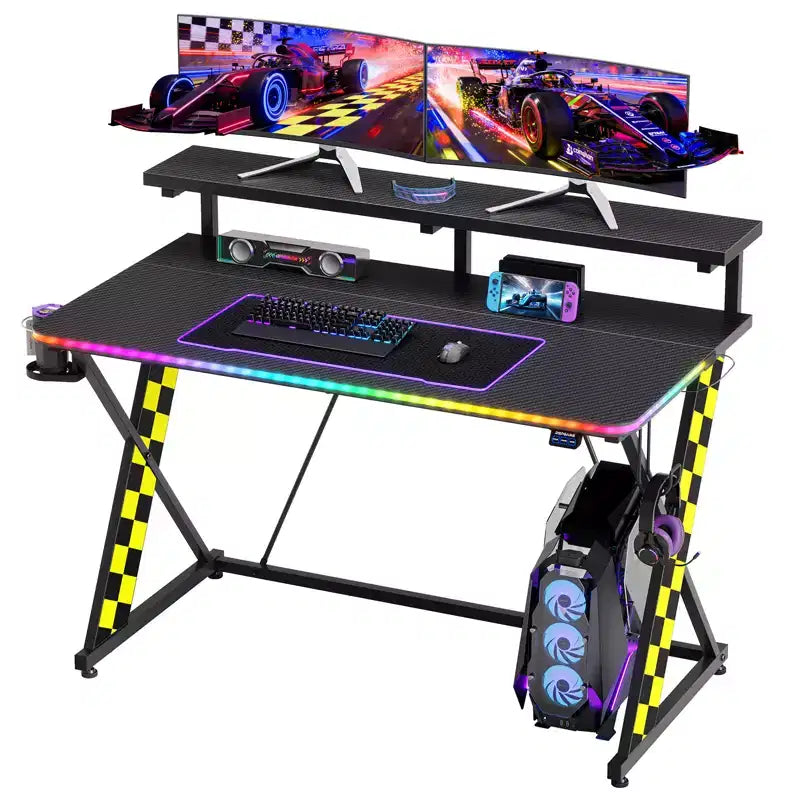 RSPGAME Basic 43 Bureau de jeu lumineux synchronisé avec la musique, support de moniteur ergonomique en forme de X, table de joueur, bureau d'ordinateur avec porte-gobelet et support de casque