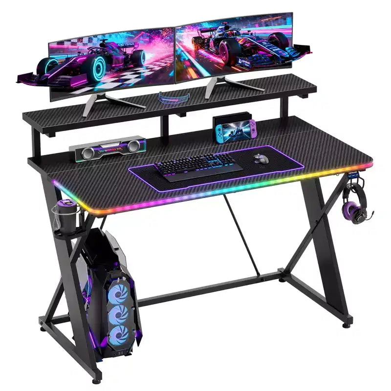 RSPGAME Basic 43 Music Sync Lighting Gaming Desk, X-Shape Ergonomic Monitor Stand Gamer Table, PC Desk with Cup Holder and Headset Hanger