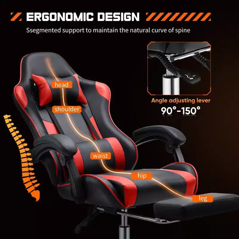 TUYOHW Sedia in Ecopelle con Rotelle e Poggiapiedi, Supporto Lombare, Braccioli Fissi, Sedia da Gaming per Ufficio