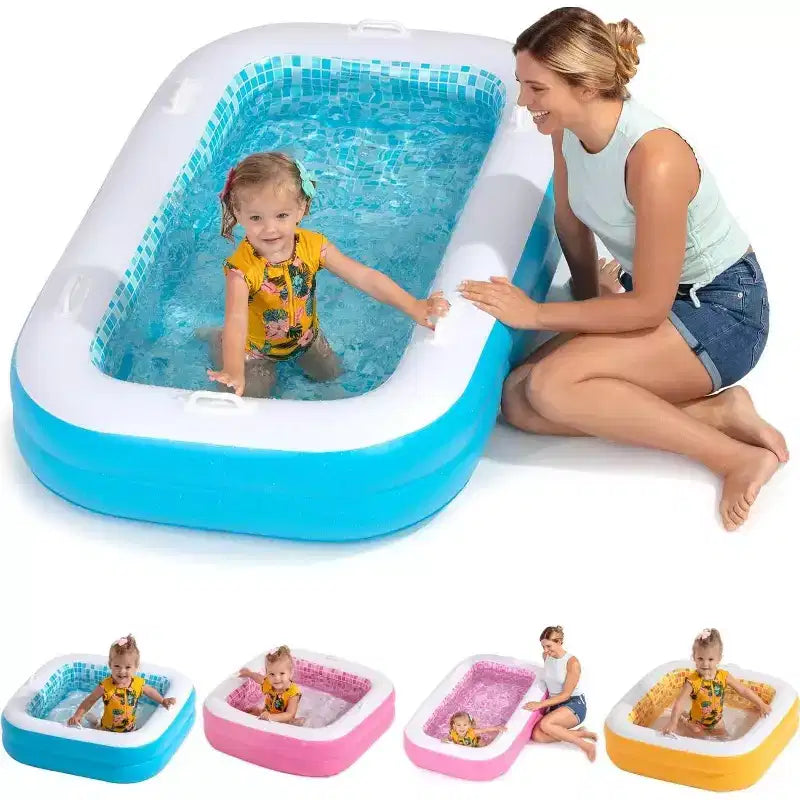 Jasonwell 2-in-1 Inflatable Kiddie Pool 65x39x10, Soft Cushioned Floor, Handles, Drain, Shallow Rectangular Pool for Kids 2+, Summer Blue